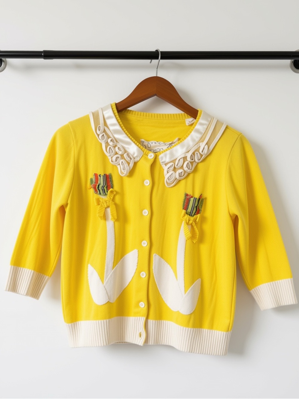 Anthropologie Yellow Floral Appliqué Polo-Collar Cardigan